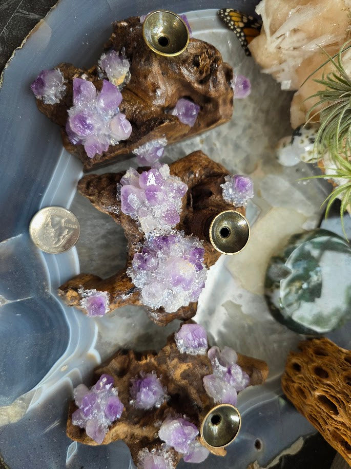 Natural Amethyst Drift Wood Sphere Stand Incense Holder