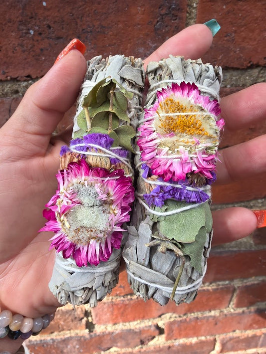 Organic White Sage Smudge Stick with Dried Flowers